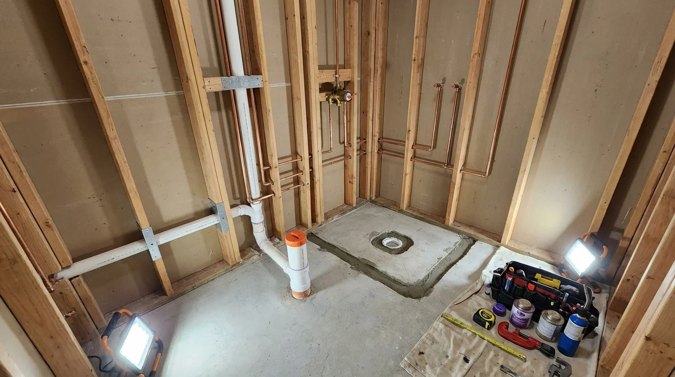 Bathroom rough-in plumbing during remodel by Johns Plumbing LLC in Carlton