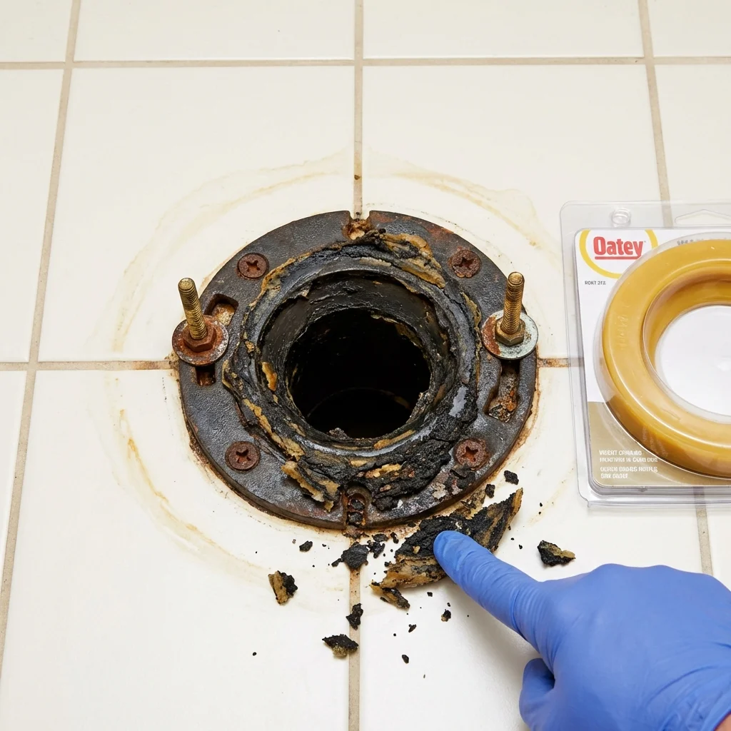 Failed wax ring showing water seepage at the base of a toilet in a Carlton, MN home